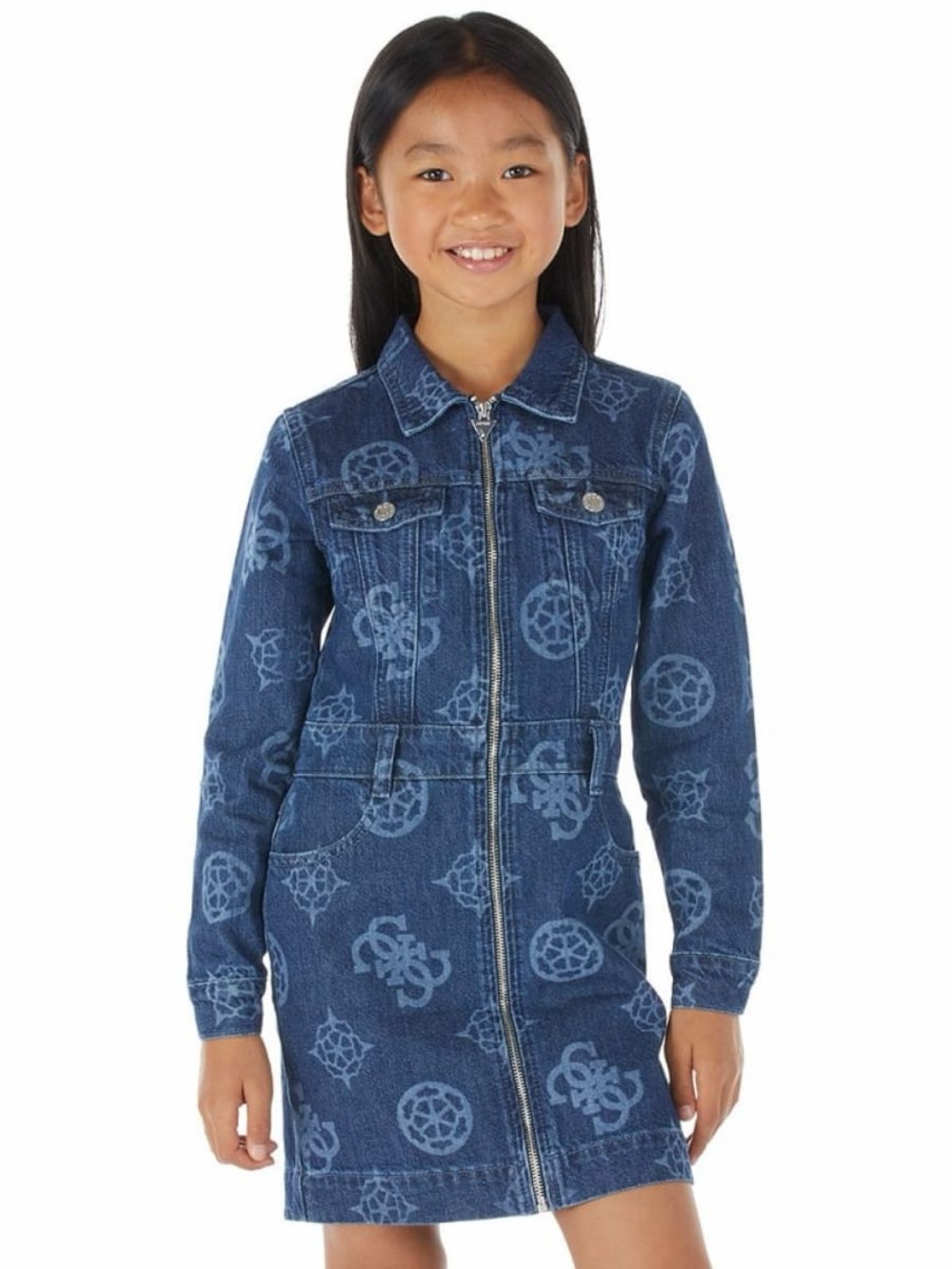 Guess Kids Denim Logo Print Zip Front Dress Girls Size 10 Blue Laser Monogram